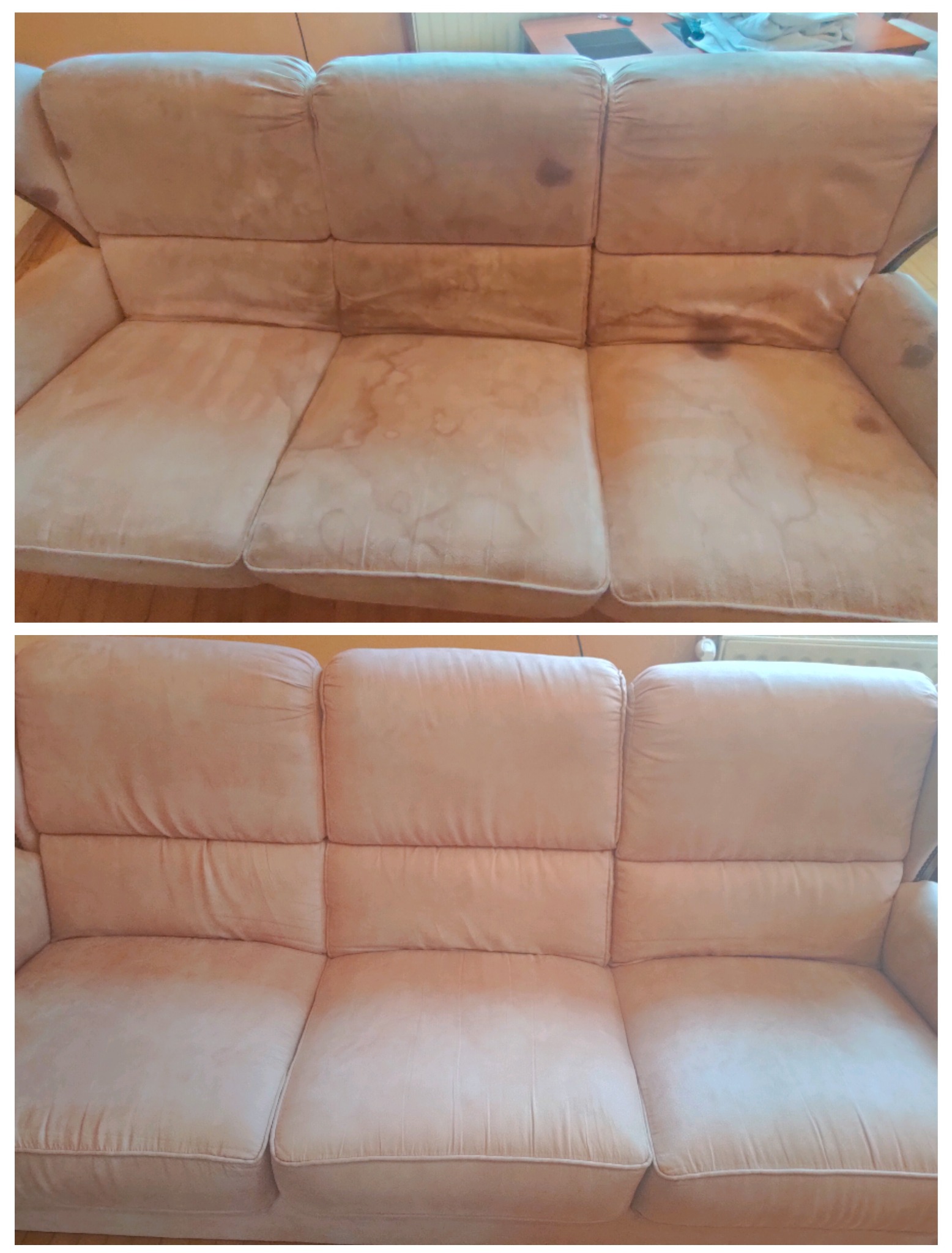 Porównanie: Trzyosobowa kanapa z jasną tapicerką przed i po czyszczeniu, widoczne wyraźne różnice w usunięciu plam i zabrudzeń na siedzisku i oparciu.