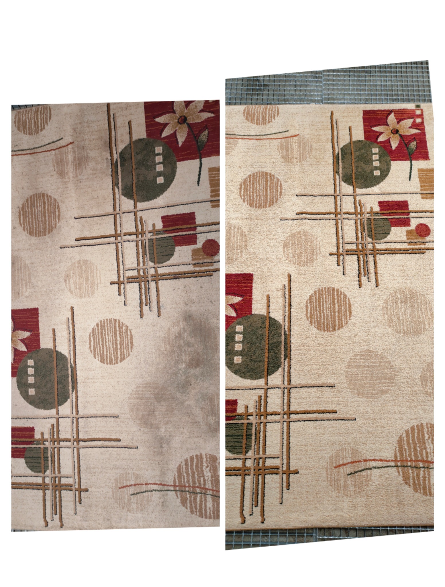 Dywan z geometrycznym wzorem, widoczna różnica w czystości: lewa strona zabrudzona, prawa po czyszczeniu, ukazująca efekt usługi.