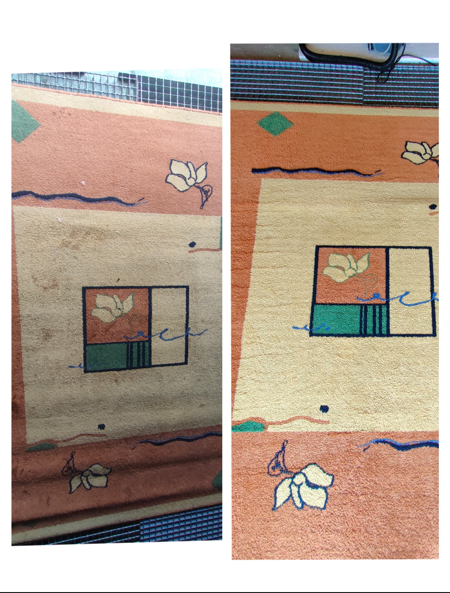 Dywan z geometrycznymi wzorami i motywem kwiatowym, widok przed i po czyszczeniu, prezentujący różnicę w wyglądzie i intensywności kolorów.