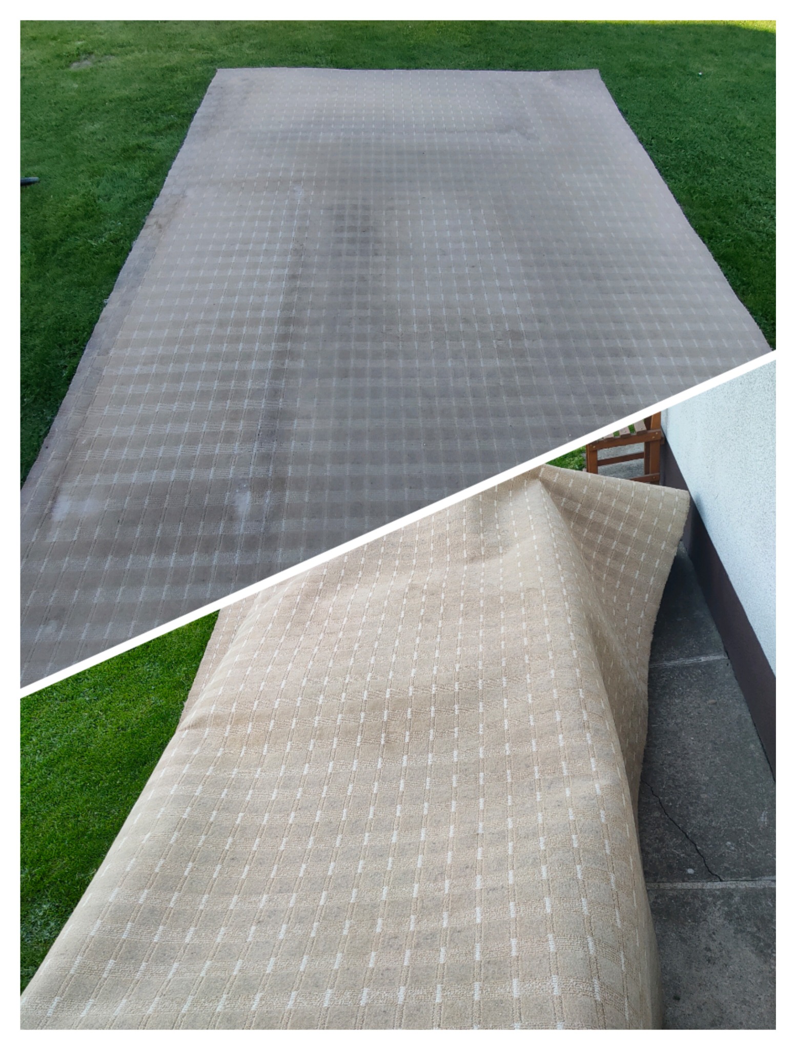 Kolaż przedstawiający dywan z kwadratowym wzorem przed i po czyszczeniu. Górna część pokazuje dywan brudny na trawie, a dolna część czysty dywan częściowo zwinięty przy ścianie.