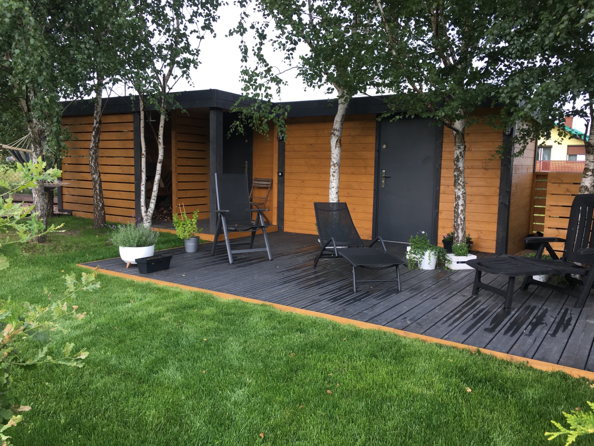 Nowoczesny domek szkieletowy z drewnianą elewacją i czarnymi detalami, otoczony zielonym trawnikiem i brzozami, z drewnianym tarasem i meblami ogrodowymi.