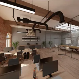 Przestrzeń biurowa typu open space z salą konferencyjną