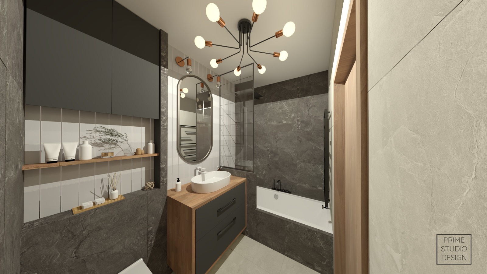 Wizualizacja nowoczesnej łazienki z owalnym lustrem, białą umywalką nablatową na szafce z drewnianym blatem, wanną za szklaną ścianką i designerską lampą sufitową w stylu industrialnym.