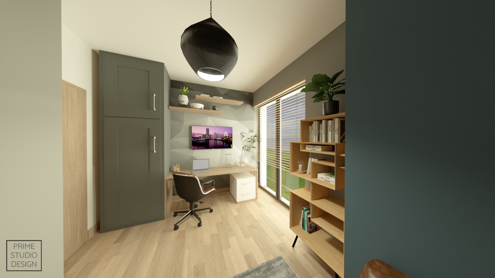 Wizualizacja pokoju do pracy z biurkiem, laptopem, regałem na książki i dużą lampą wiszącą, utrzymana w szaro-beżowej tonacji z akcentami zieleni roślin doniczkowych.