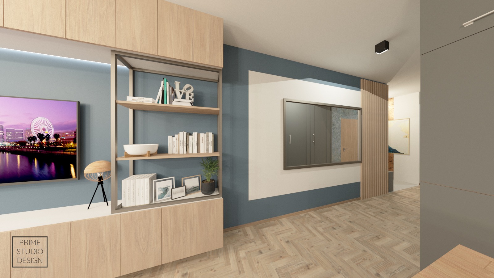 Wizualizacja pokoju dziennego z drewnianą podłogą w jodełkę, regałem z książkami i dekoracjami, telewizorem z widokiem na miasto oraz lustrem w szarej ramie.