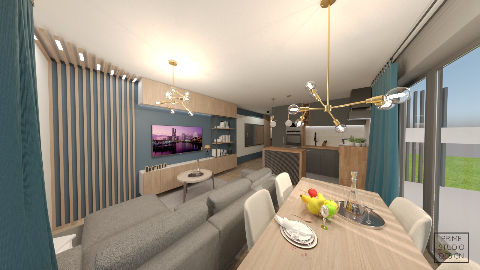 Wizualizacja salonu z aneksem kuchennym, szara sofa, drewniane lamele na ścianie, nowoczesne lampy, stół z owocami.