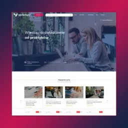 Projekt strony internetowej z sekcją popularnych kursów online, prezentujący mężczyznę i kobietę pracujących razem przy laptopie w tle.