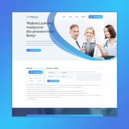 Projekt strony internetowej z motywem medycznym, prezentujący ofertę pakietów medycznych dla firm z wizerunkiem lekarzy analizujących zdjęcie rentgenowskie.