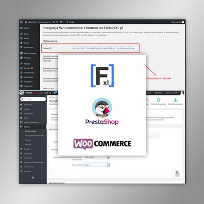 Okno konfiguracji integracji WooCommerce z systemem FakturowaniaXL, widoczne logo PrestaShop i WooCommerce.