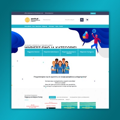 Wyświetlona strona internetowa specki.pl z ofertą kursów dla pielęgniarek, widoczne menu, baner z grafiką i przyciski wyboru kategorii, sekcja z popularnymi kursami na dole strony.