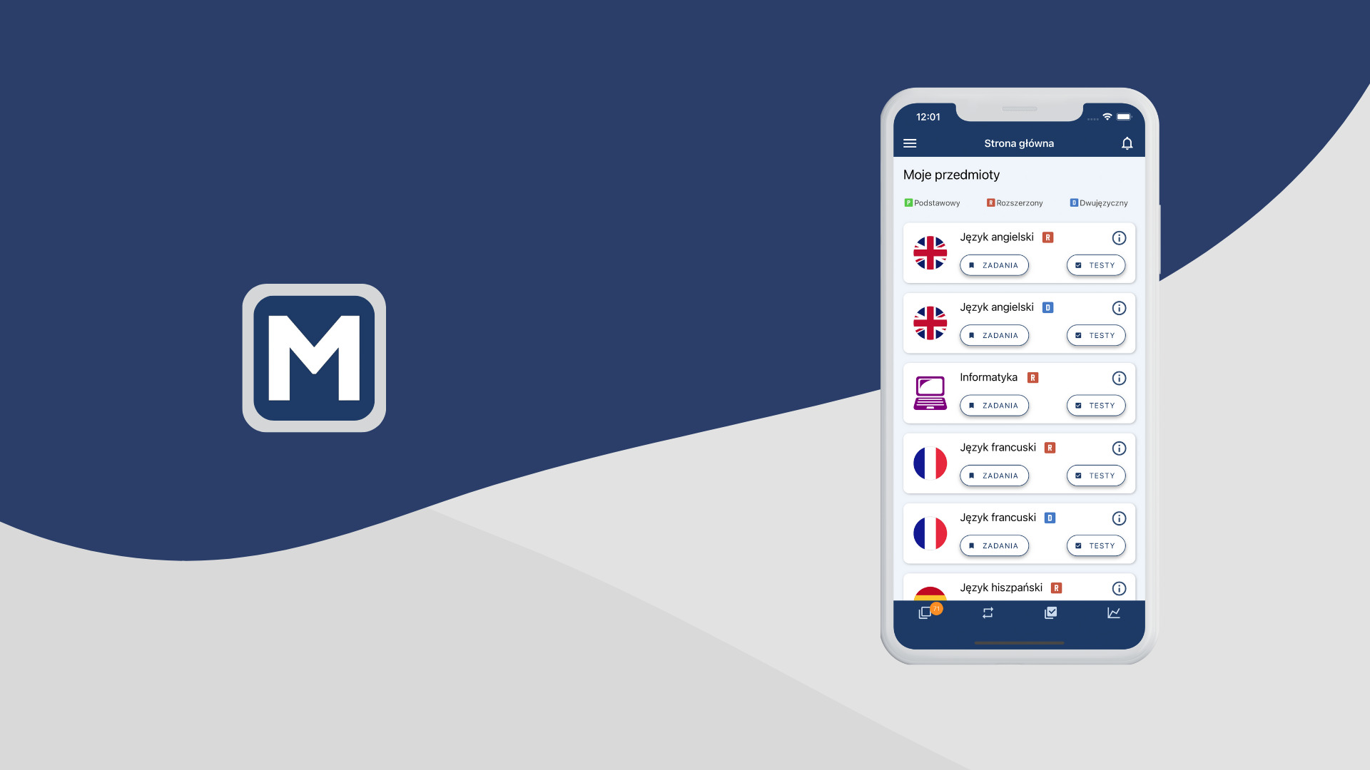 Ekran smartfona prezentujący interfejs aplikacji mobilnej do nauki języków obcych i informatyki, z listą przedmiotów i opcjami zadań oraz testów.