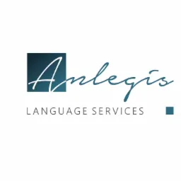 Eleganckie logo firmy językowej Anlegis Language Services, z nazwą w kursywie nad napisem 'LANGUAGE SERVICES' i kwadratowym elementem graficznym w kolorze niebieskim.