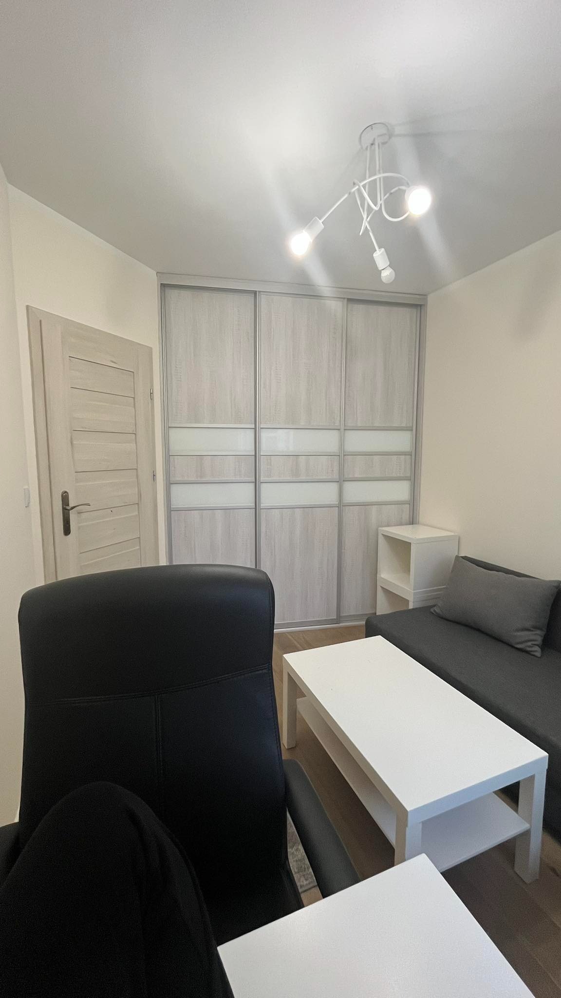 Jasne wnętrze pokoju z przesuwną szafą z płyty, z białymi wstawkami, sofą i stolikiem. Widoczna także drzwi i nowoczesna lampa sufitowa.