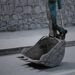 Turkusowy wysięgnik koparki z łyżką na asfalcie, na tle kamiennego muru.