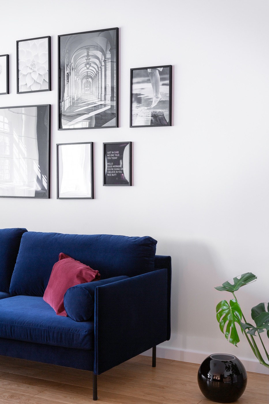 Fragment salonu w mieszkaniu na Żoliborzu, z granatową sofą z bordową poduszką, galerią czarno-białych grafik na ścianie i rośliną Monstera w czarnym, okrągłym wazonie.
