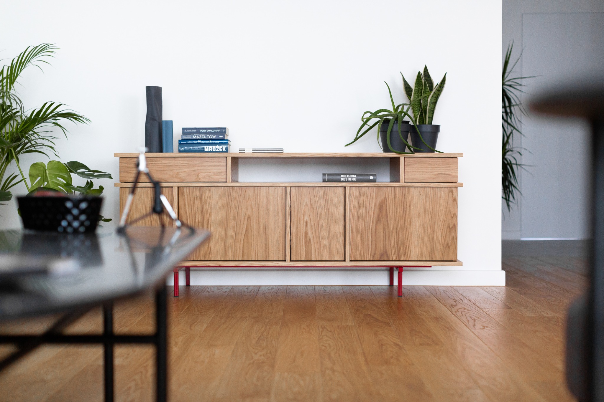 Drewniana komoda RTV z czerwonymi nogami, ozdobiona roślinami doniczkowymi i książkami, w jasnym wnętrzu mieszkania w Gdańsku.