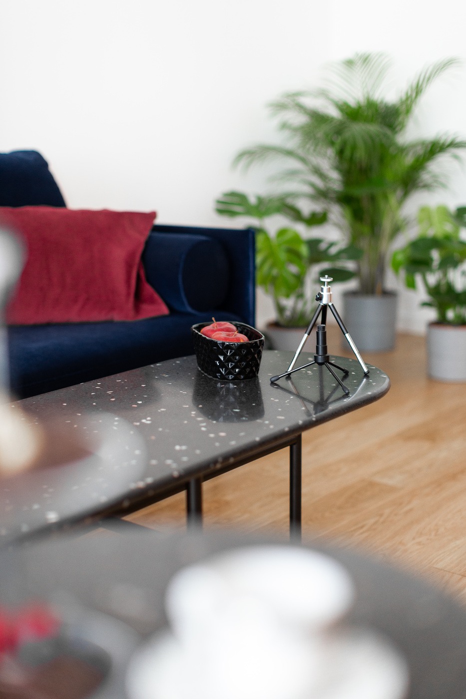 Żoliborz, Warszawa: nowoczesny salon z ciemnogranatową sofą, burgundową poduszką, stolikiem z blatem imitującym lastryko, czarną misą z jabłkami i mini statywem fotograficznym na tle zielonych...