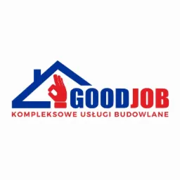 Logo firmy budowlanej: niebieski zarys dachu, czerwona dłoń z gestem OK, napis 'GOODJOB' niebiesko-czerwony, pod spodem 'KOMPLEKSOWE USŁUGI BUDOWLANE'.