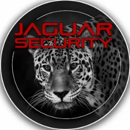 Logo firmy ochroniarskiej: głowa jaguara w czerni i bieli z czerwonym napisem 'JAGUAR SECURITY' na ciemnym tle.