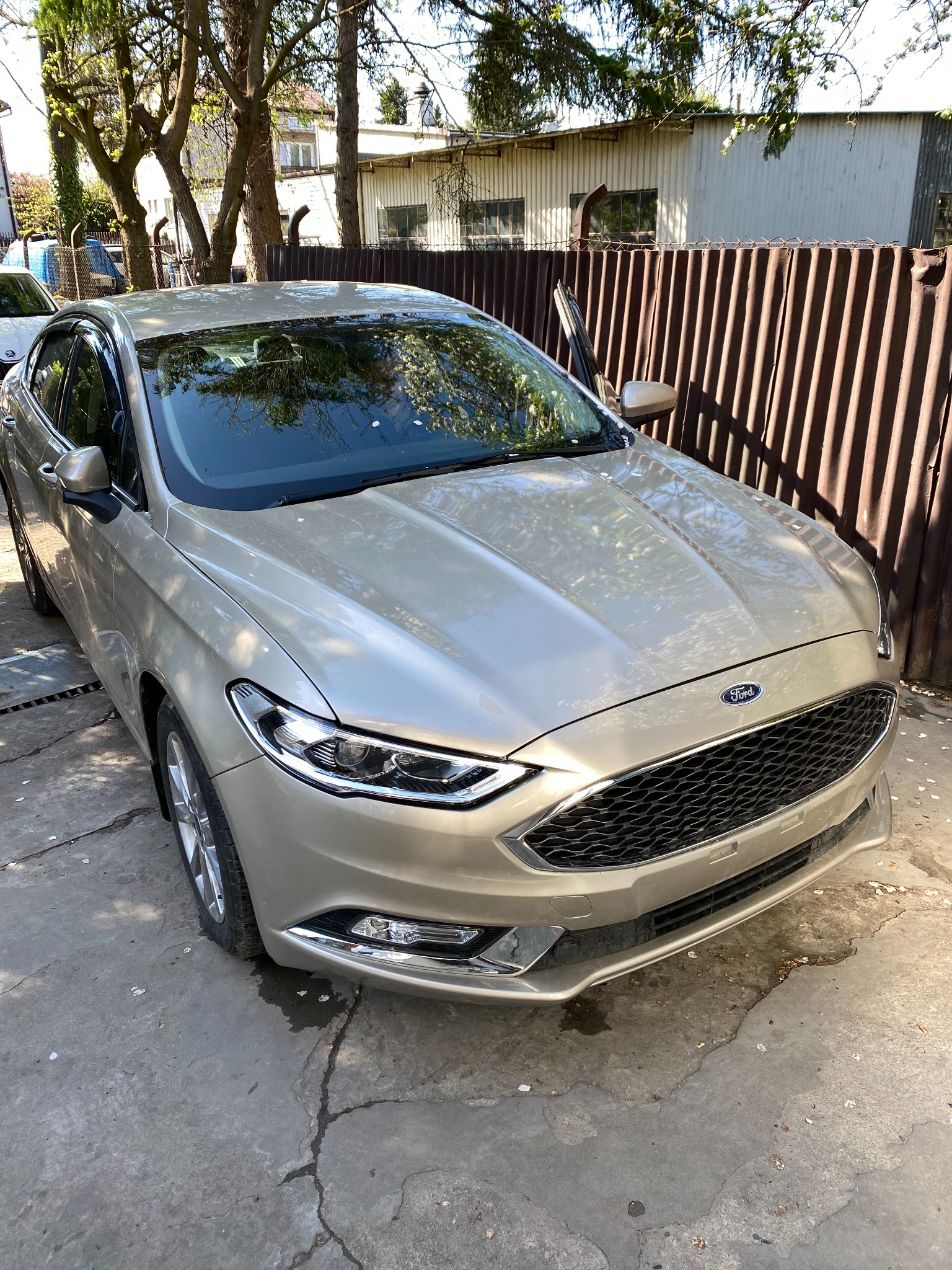 Jasny Ford Fusion zaparkowany na betonowym podłożu, z otwartymi drzwiami kierowcy i widocznym, metalowym ogrodzeniem w tle.