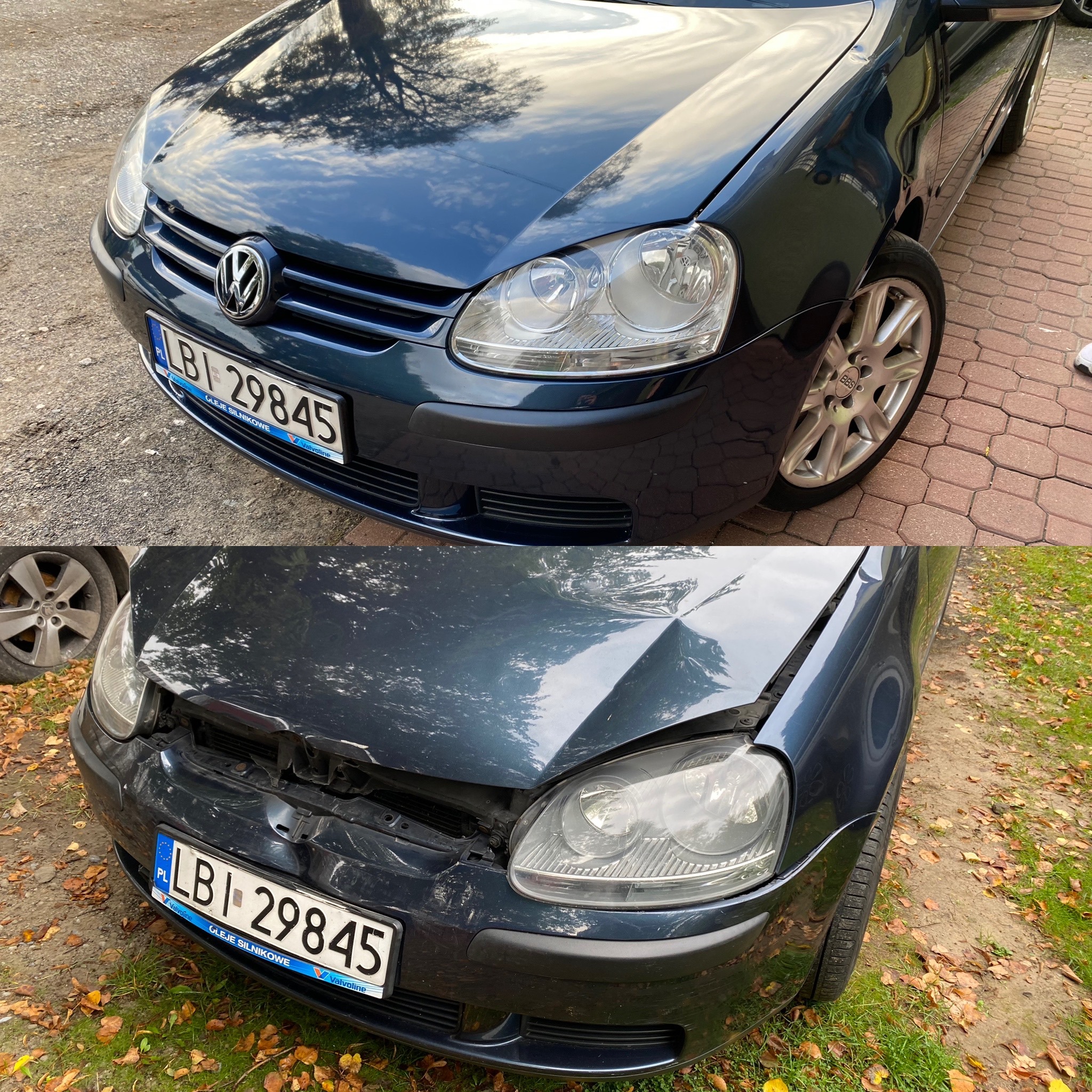 Porównanie stanu przedniego fragmentu granatowego Volkswagena Golfa przed i po naprawie blacharskiej. Górna część zdjęcia prezentuje auto z błyszczącą karoserią, natomiast dolna ukazuje uszkodzenia...