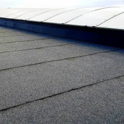 Dach pokryty papą z widocznymi łączeniami i niewielkimi pęknięciami, z elementem doświetlającym w górnej części.