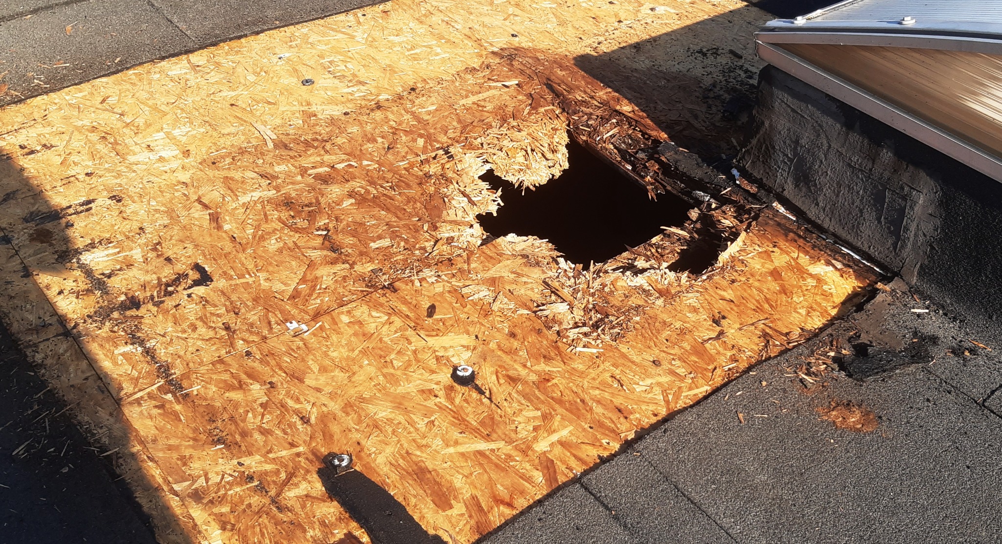 Uszkodzona płyta OSB z dziurą na dachu, widoczne strzępy drewna i ślady wilgoci, fragment pokrycia dachowego z papy bitumicznej i element konstrukcyjny dachu.