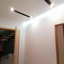 Nowoczesne wnętrze z białymi ścianami i czarnymi, podłużnymi lampami sufitowymi, widoczne drewniane schody i częściowo otwarta drewniana ościeżnica drzwiowa.