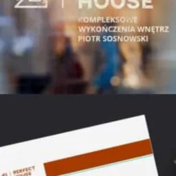 Logo firmy Perfect House z branży wykończeń wnętrz, widoczne na szybie i na dokumencie obok eleganckiego pióra.
