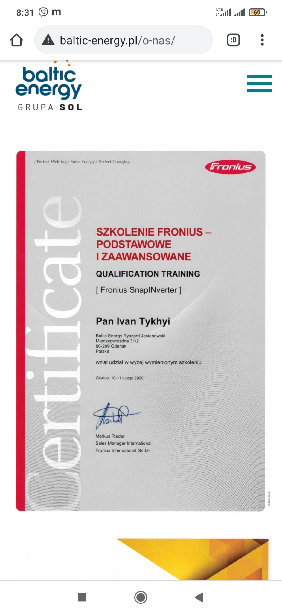 Certyfikat ukończenia szkolenia Fronius - podstawowe i zaawansowane, wystawiony dla Pana Ivana Tykhyi z Baltic Energy, potwierdzający udział w szkoleniu Fronius SnapInverter, z podpisem Sales...