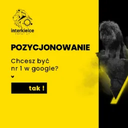 Grafika reklamowa z czarno-białym lwem na skale i żółtym tłem z napisem 'Chcesz być nr 1 w google? tak!' oraz logo firmy Interkielce Creative w lewym górnym rogu.