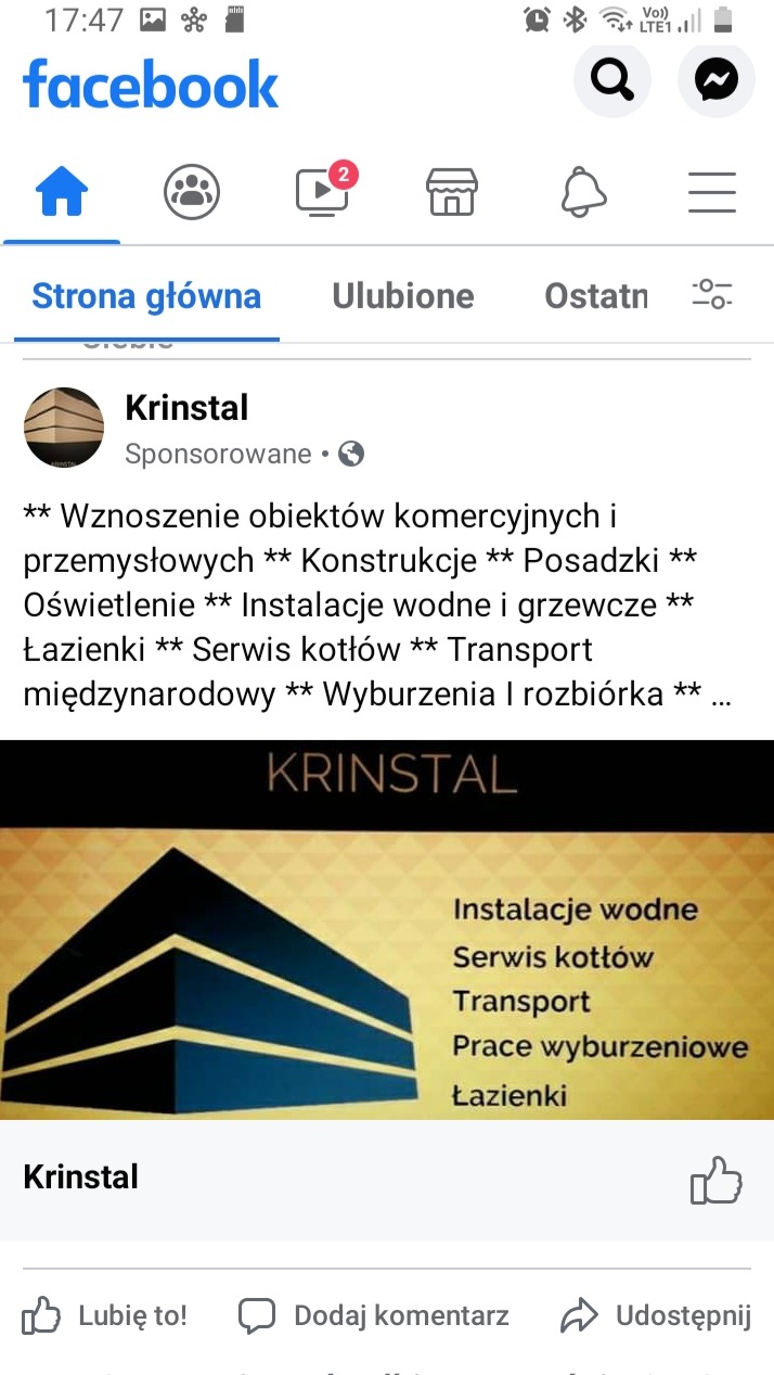 Reklama firmy Krinstal na Facebooku, oferującej wznoszenie obiektów komercyjnych i przemysłowych, konstrukcje, posadzki, oświetlenie, instalacje wodne i grzewcze, łazienki, serwis kotłów, transport...
