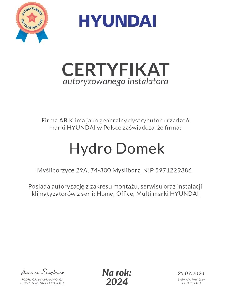 Certyfikat autoryzowanego instalatora Hyundai dla firmy Hydro Domek na rok 2024, potwierdzający uprawnienia do montażu, serwisu i instalacji klimatyzatorów Hyundai.
