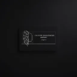 Czarna wizytówka z geometrycznym wizerunkiem lwa, imieniem i nazwiskiem Patryk Grabowski oraz słowem Ekspert, umieszczona na czarnym tle.