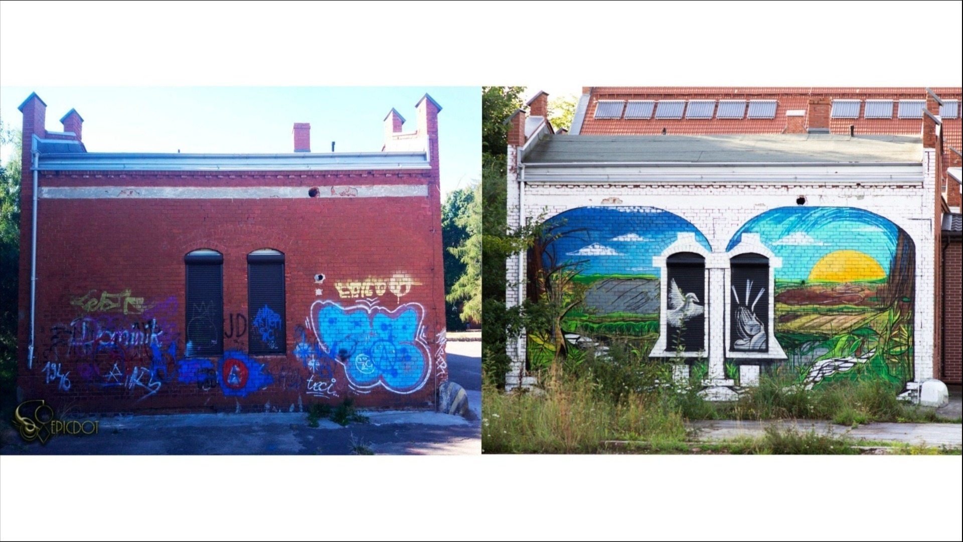 Porównanie ściany budynku przed i po wykonaniu muralu: po lewej graffiti, po prawej artystyczny pejzaż z motywami gołębia i dłoni.