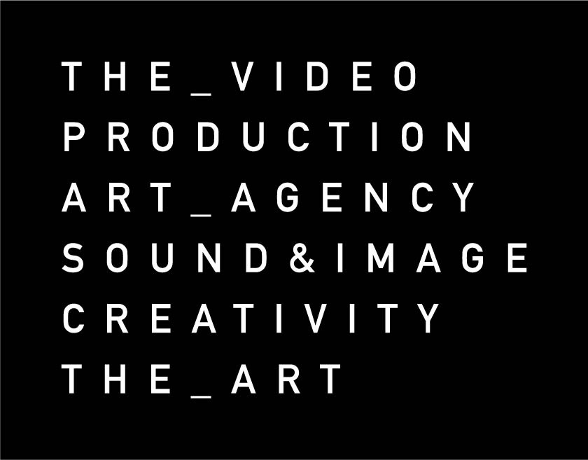 Minimalistyczne logo firmy z białym tekstem na czarnym tle, zawierające hasła: The Video Production, Art Agency, Sound & Image, Creativity, The Art.
