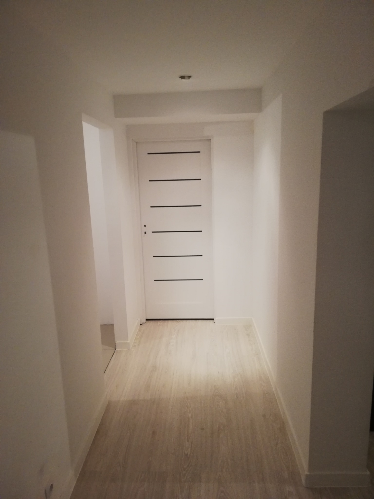 Wnętrze korytarza z białymi ścianami, podłogą imitującą drewno i nowoczesnymi białymi drzwiami z poziomymi, czarnymi paskami.