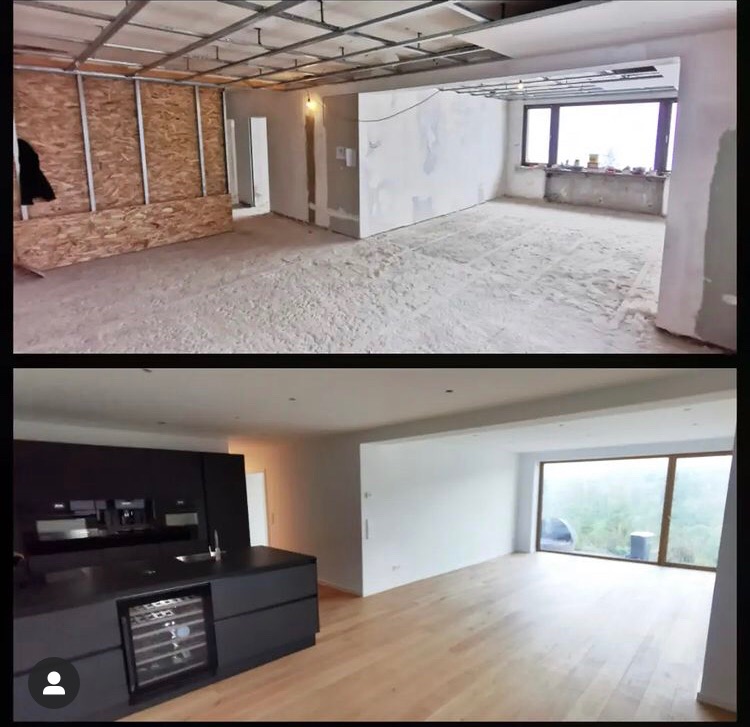 Dwuetapowy widok wnętrza: górny kadr ukazuje surowy stan z odsłoniętą konstrukcją sufitu, płytami OSB na ścianie i surową podłogą; dolny kadr prezentuje to samo pomieszczenie po remoncie,...