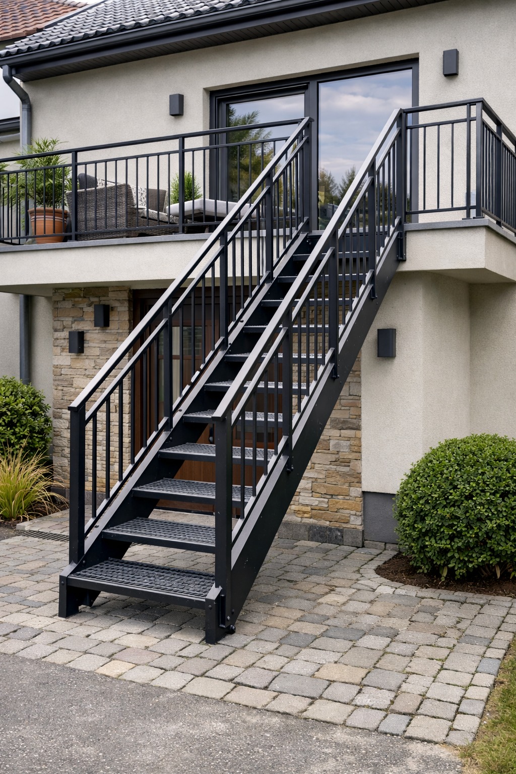 Zewnętrzne schody metalowe prowadzące na balkon z czarną balustradą. Schody z ażurowymi stopniami, na tle elewacji z kamienia i jasnego tynku.
