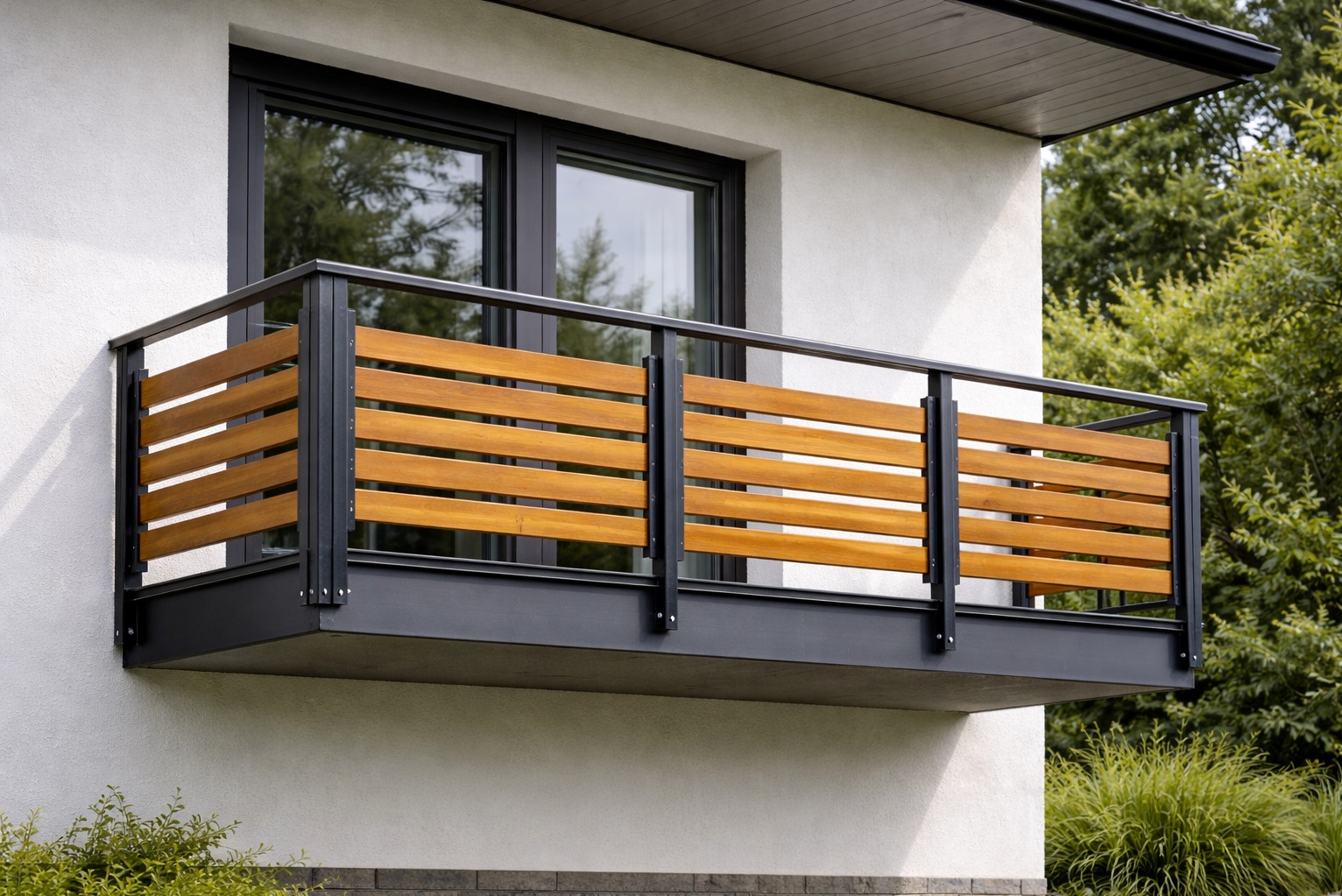 Nowoczesna balustrada balkonowa z czarną metalową ramą i drewnianymi poziomymi listwami, zamontowana na białej elewacji budynku z oknem w tle.