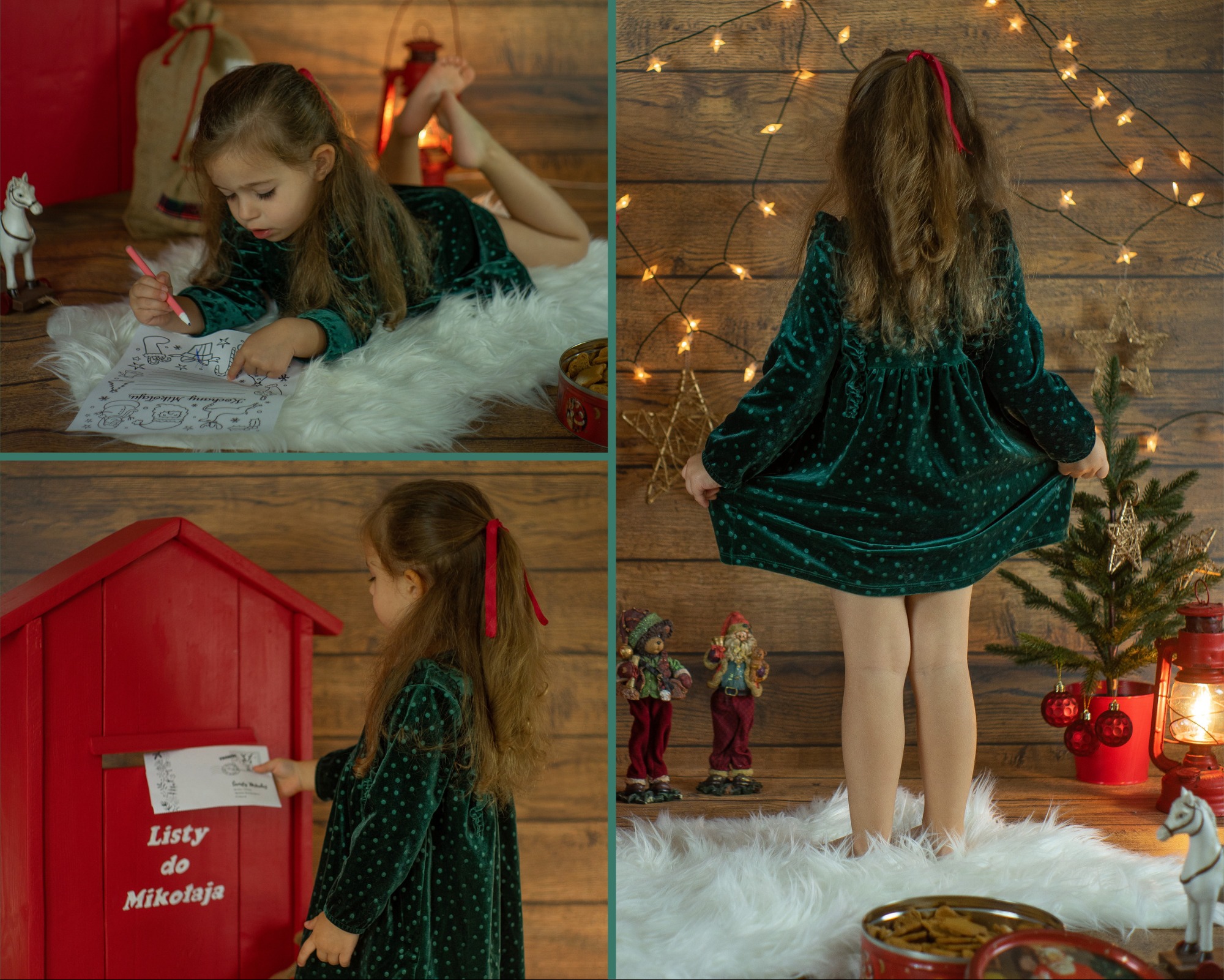 Kolaż zdjęć dziewczynki w zielonej sukience: pisze list do Świętego Mikołaja, wrzuca list do czerwonej skrzynki pocztowej, stoi tyłem przy choince i ozdobach świątecznych.