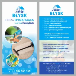 Grafika reklamowa firmy sprzątającej: logo z domkiem, odkurzaczem i wiaderkiem, hasło 'Błysk', kobieta w rękawicach czyszcząca powierzchnię i odkurzacz do dywanów.