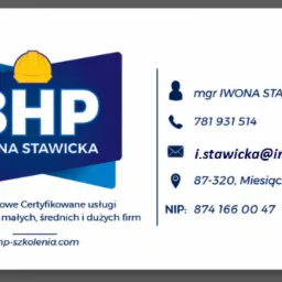 Wizytówka firmy BHP Iwona Stawicka z logotypem zawierającym hełm ochronny i informacjami kontaktowymi: numer telefonu, adres e-mail, adres siedziby oraz NIP