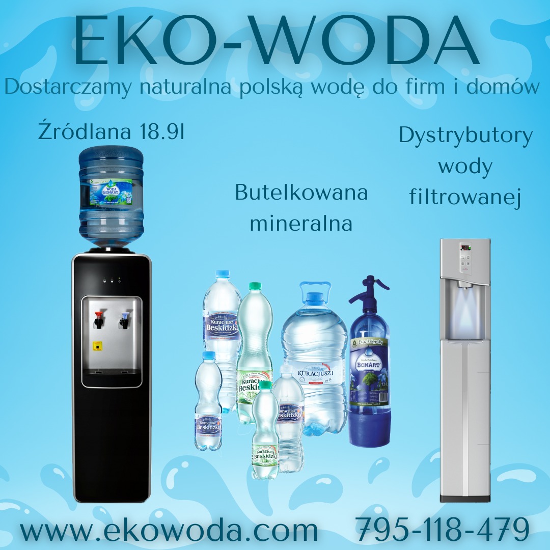 Ekspozycja różnorodnych wód butelkowanych i dystrybutorów, w tym woda źródlana w butlach 18.9l na czarnym dystrybutorze, wody mineralne w butelkach i dystrybutor wody filtrowanej na tle błękitnego...