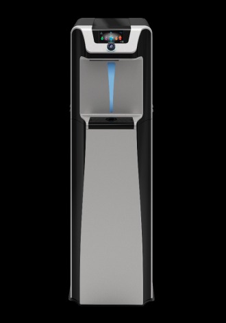 Nowoczesny dystrybutor wody WL7 z wyświetlaczem i podświetleniem LED, prezentowany na czarnym tle.