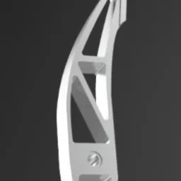 Precyzyjny model 3D metalowego elementu konstrukcyjnego z otworami i wycięciami, widok z boku na ciemnoszarym tle.