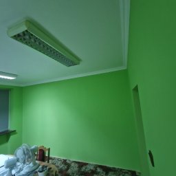 Darlbud Mateusz Dul - Świeżo pomalowane na jaskrawy zielony kolor ściany pokoju z widocznym oknem, lampą sufitową i starym wentylatorem.