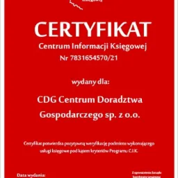 Czerwony certyfikat Centrum Informacji Księgowej numer 7831654570/21 wydany dla CDG Centrum Doradztwa Gospodarczego sp. z o.o., potwierdzający pozytywną weryfikację usług księgowych pod kątem...