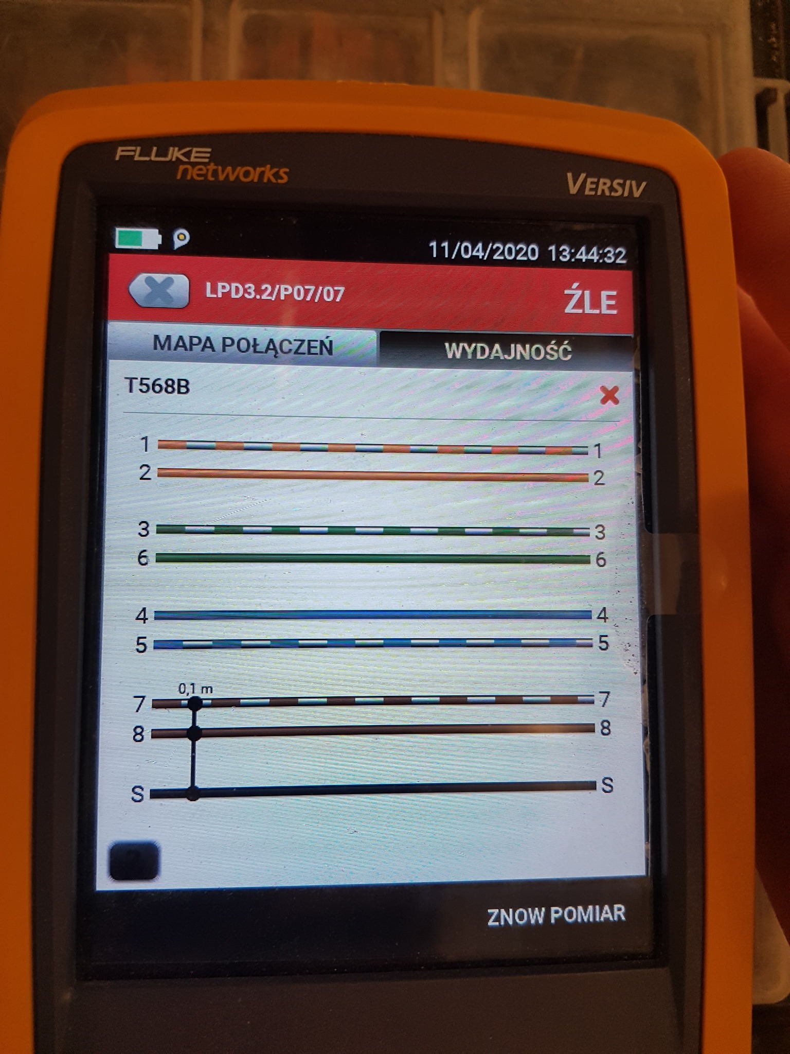 Ekran testera kabli Fluke Networks Versiv, pokazujący negatywny wynik testu mapy połączeń (oznaczony jako 'ŹLE') dla standardu T568B, z widocznymi oznaczeniami pinów i przerwami w połączeniach.
