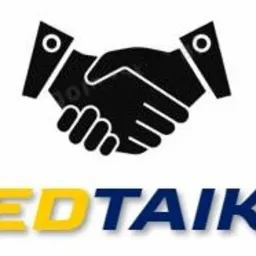 Grafika przedstawiająca czarny symbol uścisku dłoni nad niebiesko-żółtym napisem LEDTAIKA z efektem cienia.